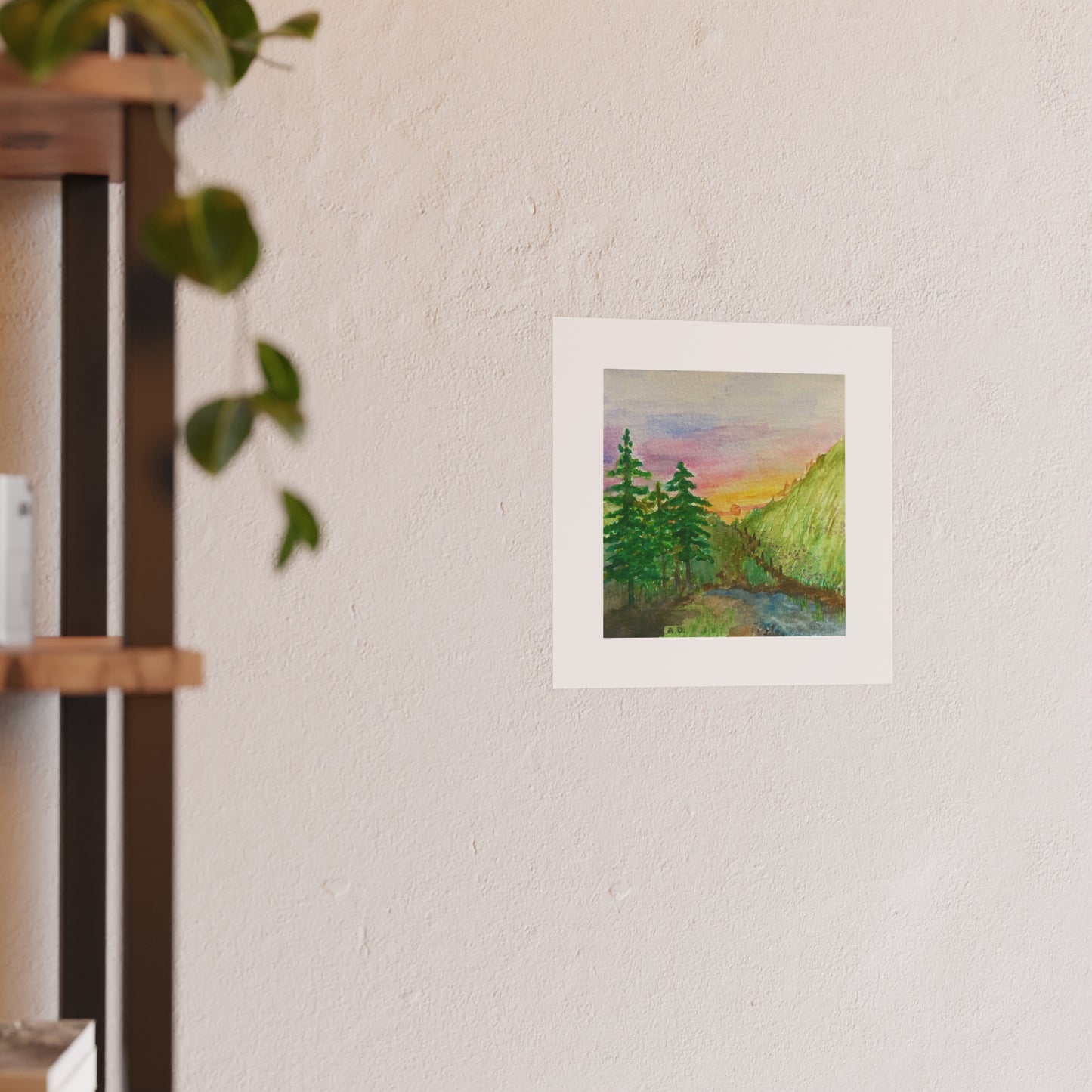 Sunset Mountain Landscape Poster | Watercolor Forest River Print