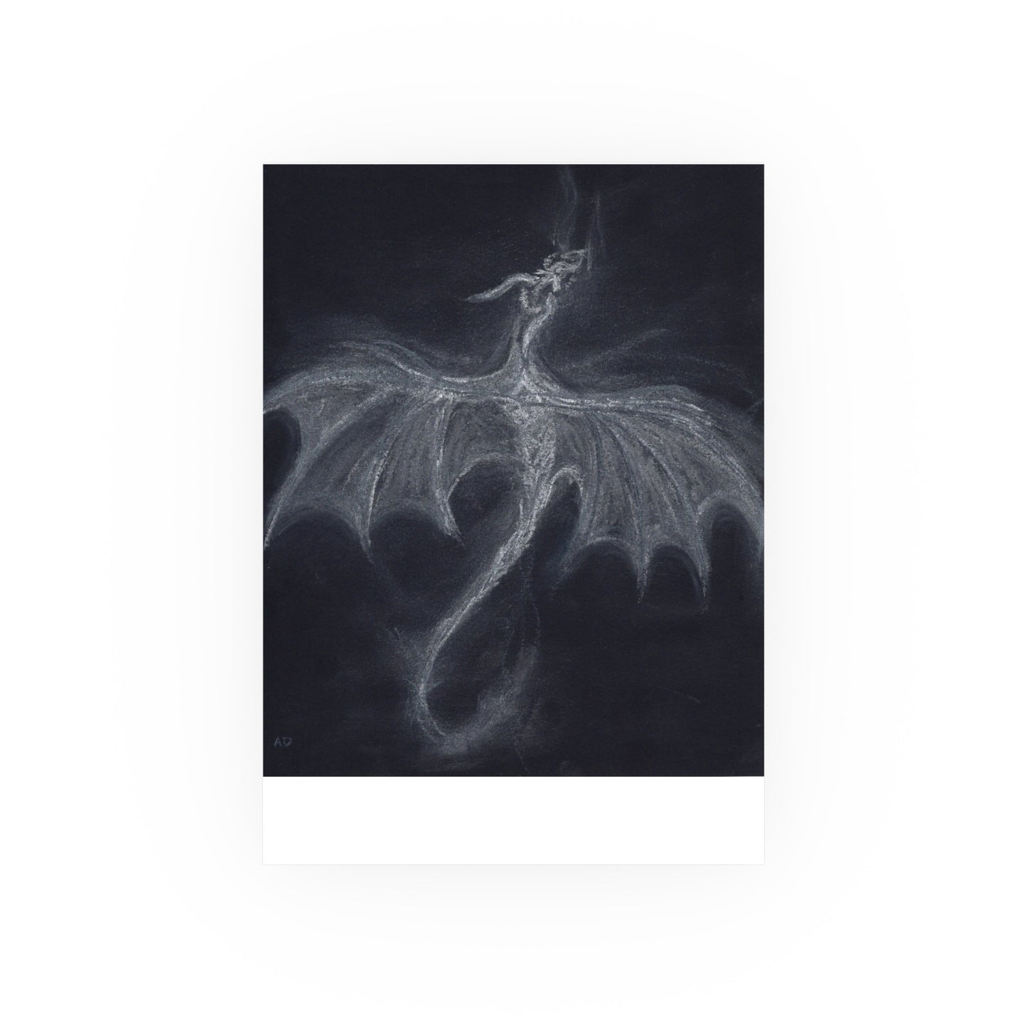 Dark Fantasy Wyvern Poster — White Pastel on Black (Satin & Archival Matte)