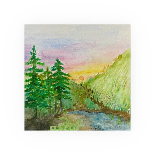 Sunset Mountain Landscape Poster | Watercolor Forest River Print