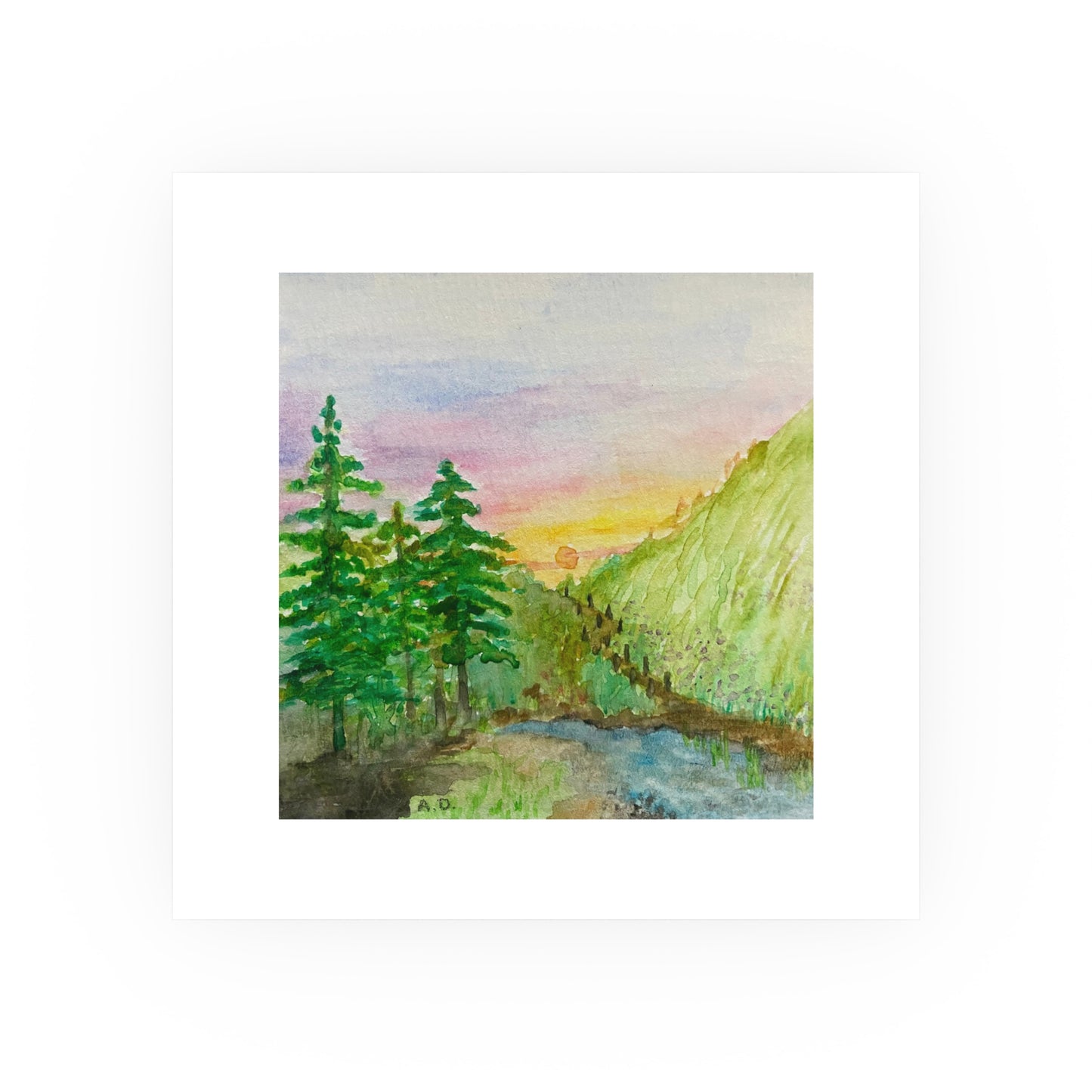 Sunset Mountain Landscape Poster | Watercolor Forest River Print
