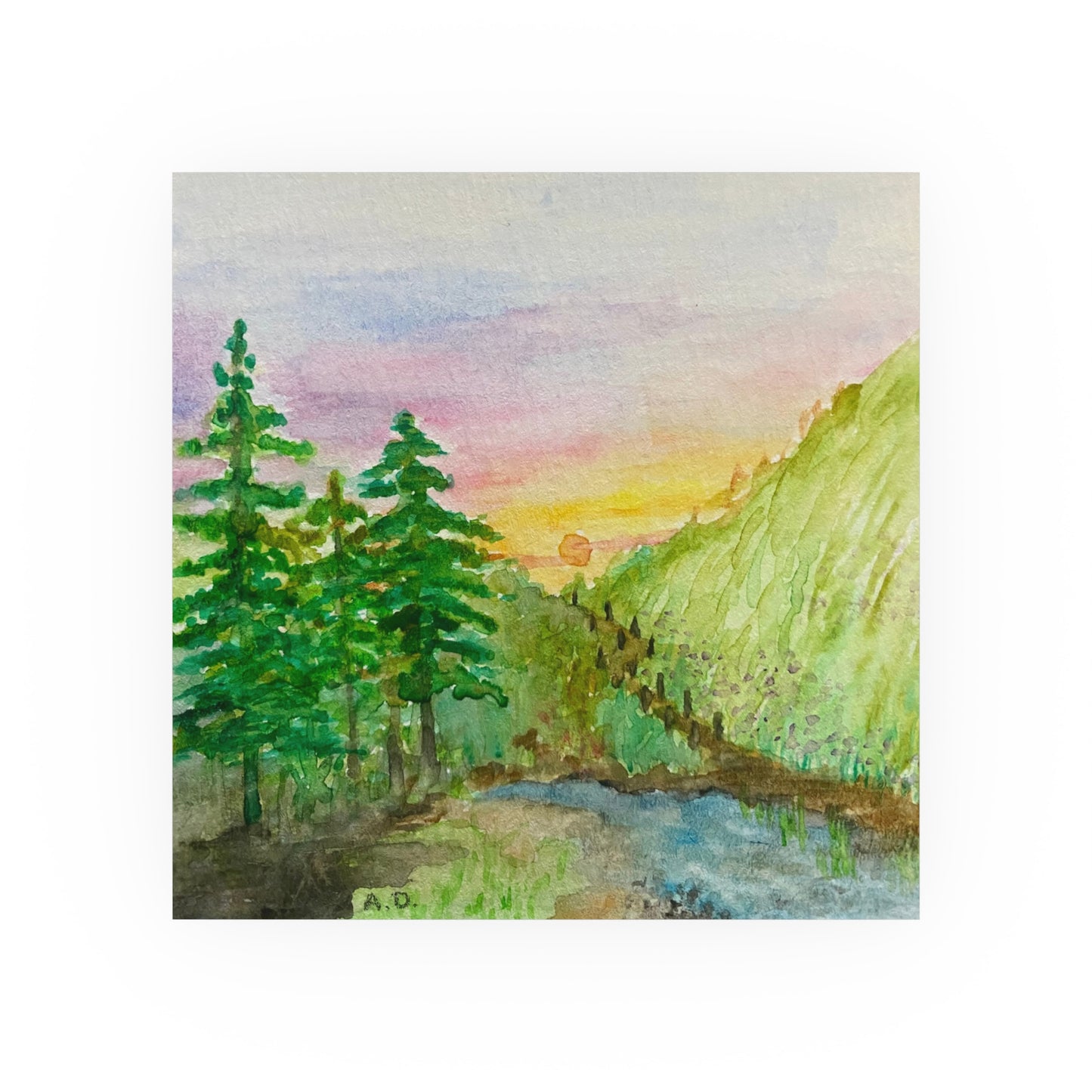 Sunset Mountain Landscape Poster | Watercolor Forest River Print