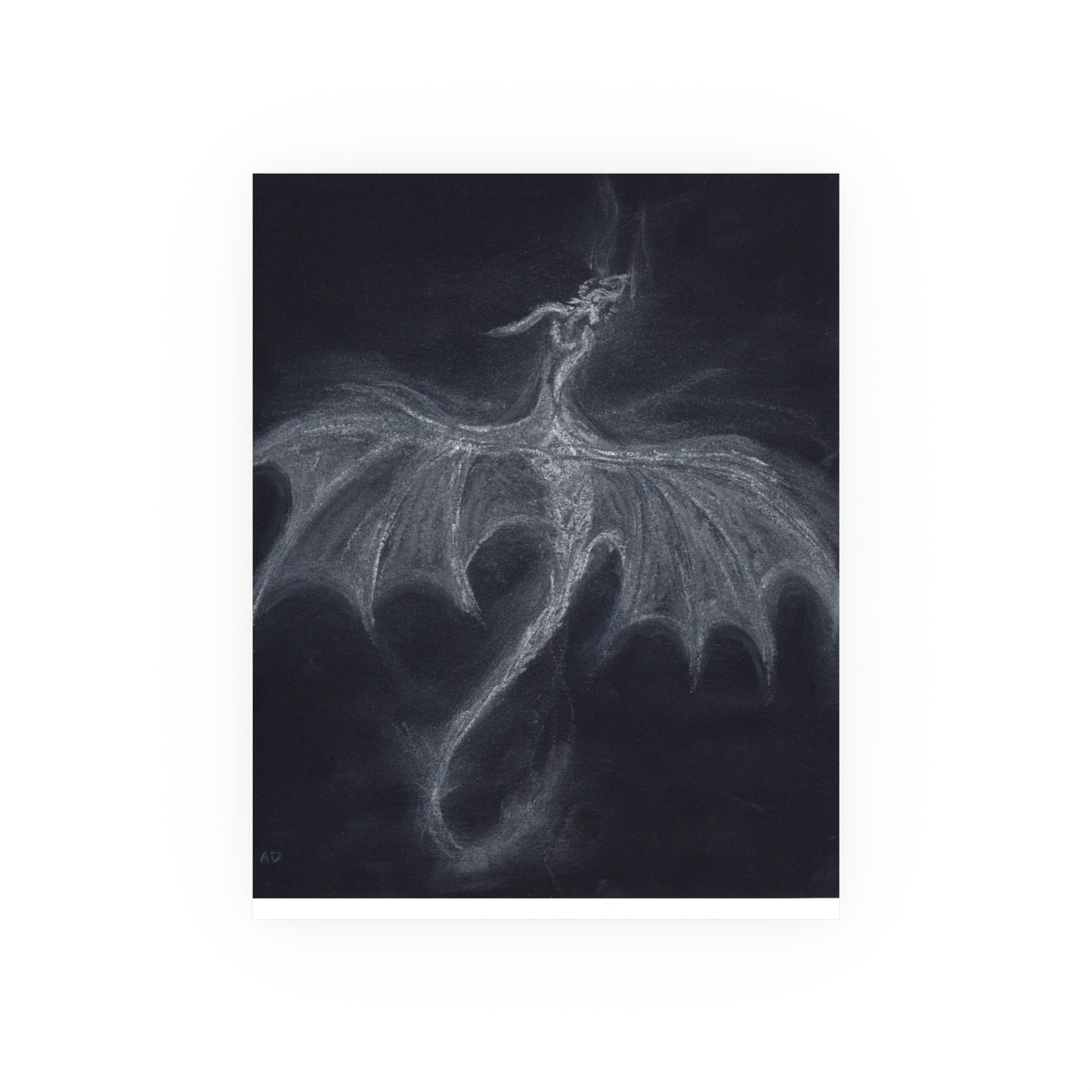 Dark Fantasy Wyvern Poster — White Pastel on Black (Satin & Archival Matte)