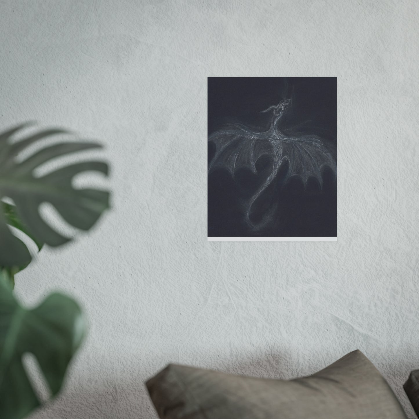 Dark Fantasy Wyvern Poster — White Pastel on Black (Satin & Archival Matte)