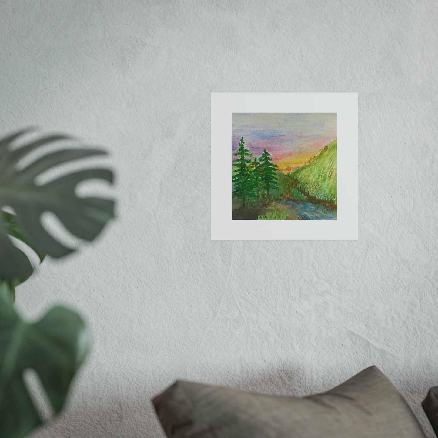 Sunset Mountain Landscape Poster | Watercolor Forest River Print