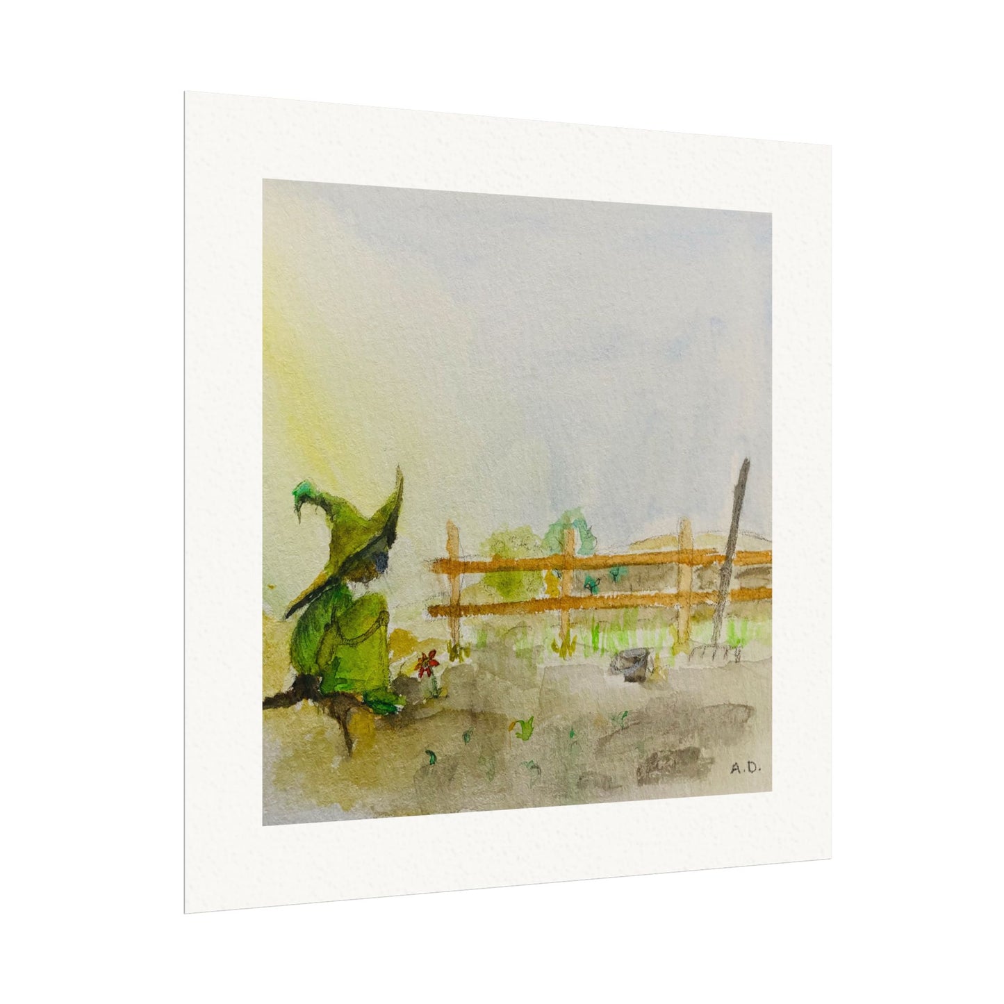 Green Witch Farm Scene | Textured Watercolor Matte Print
