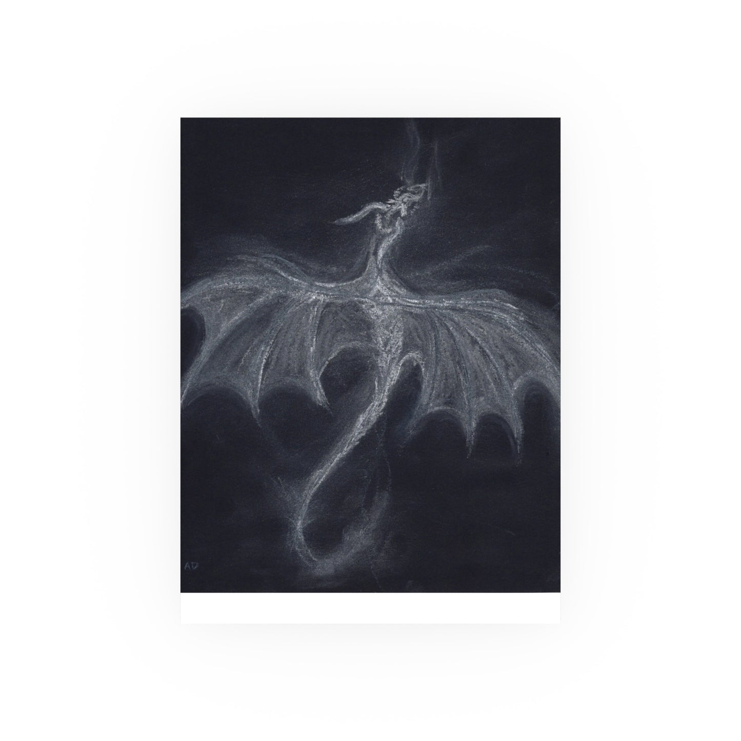 Dark Fantasy Wyvern Poster — White Pastel on Black (Satin & Archival Matte)