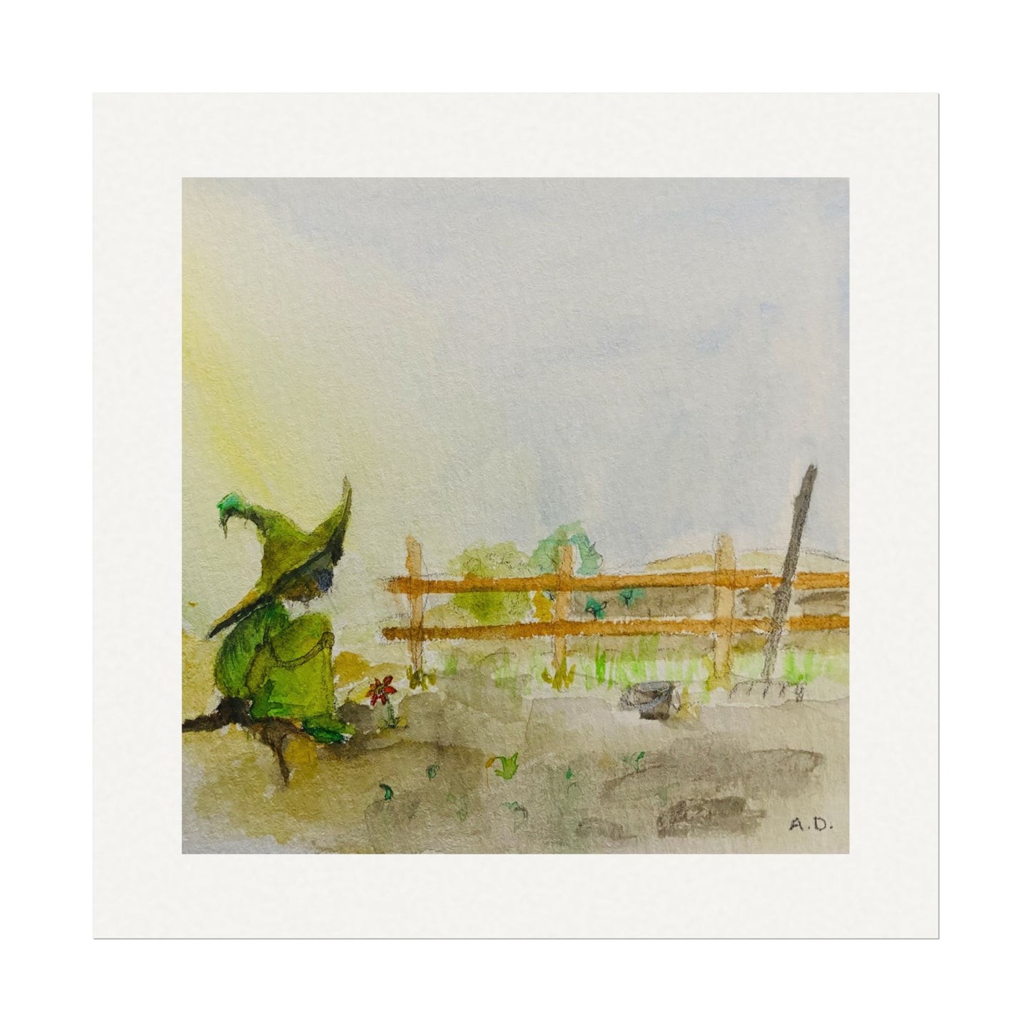 Green Witch Farm Scene | Textured Watercolor Matte Print