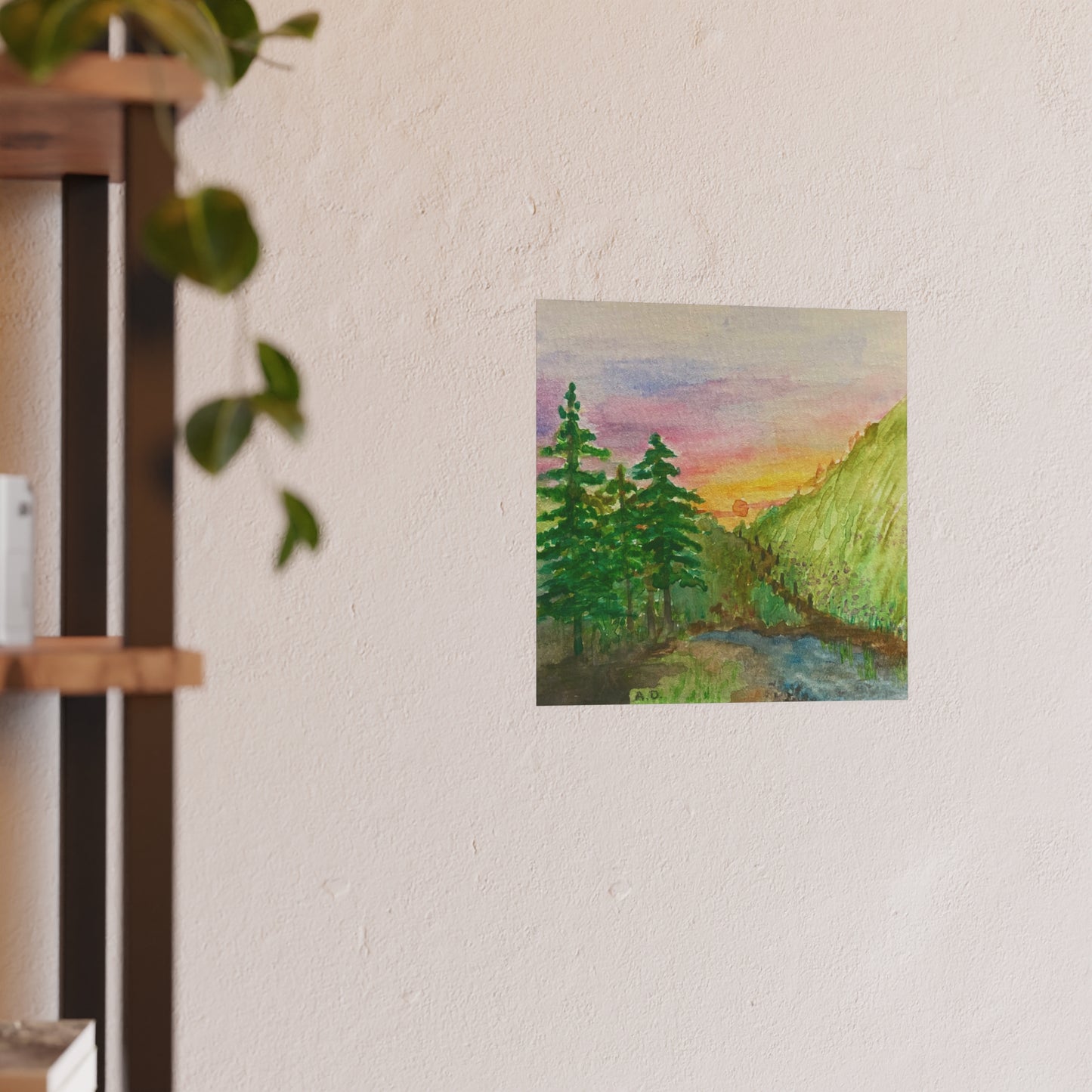 Sunset Mountain Landscape Poster | Watercolor Forest River Print