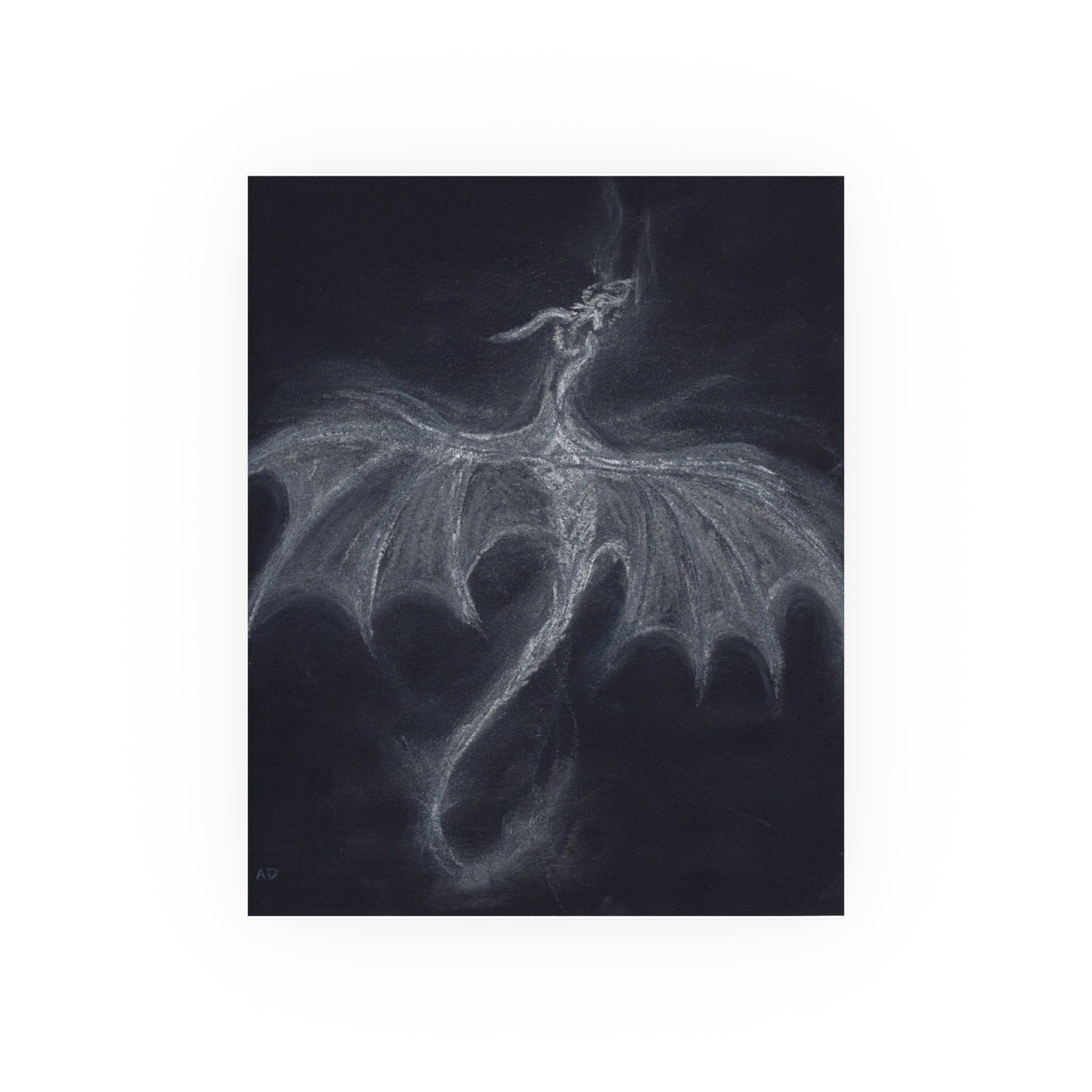 Dark Fantasy Wyvern Poster — White Pastel on Black (Satin & Archival Matte)