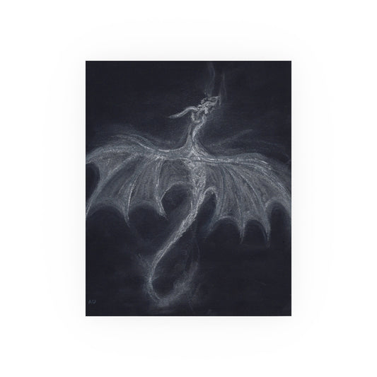 Dark Fantasy Wyvern Poster — White Pastel on Black (Satin & Archival Matte)