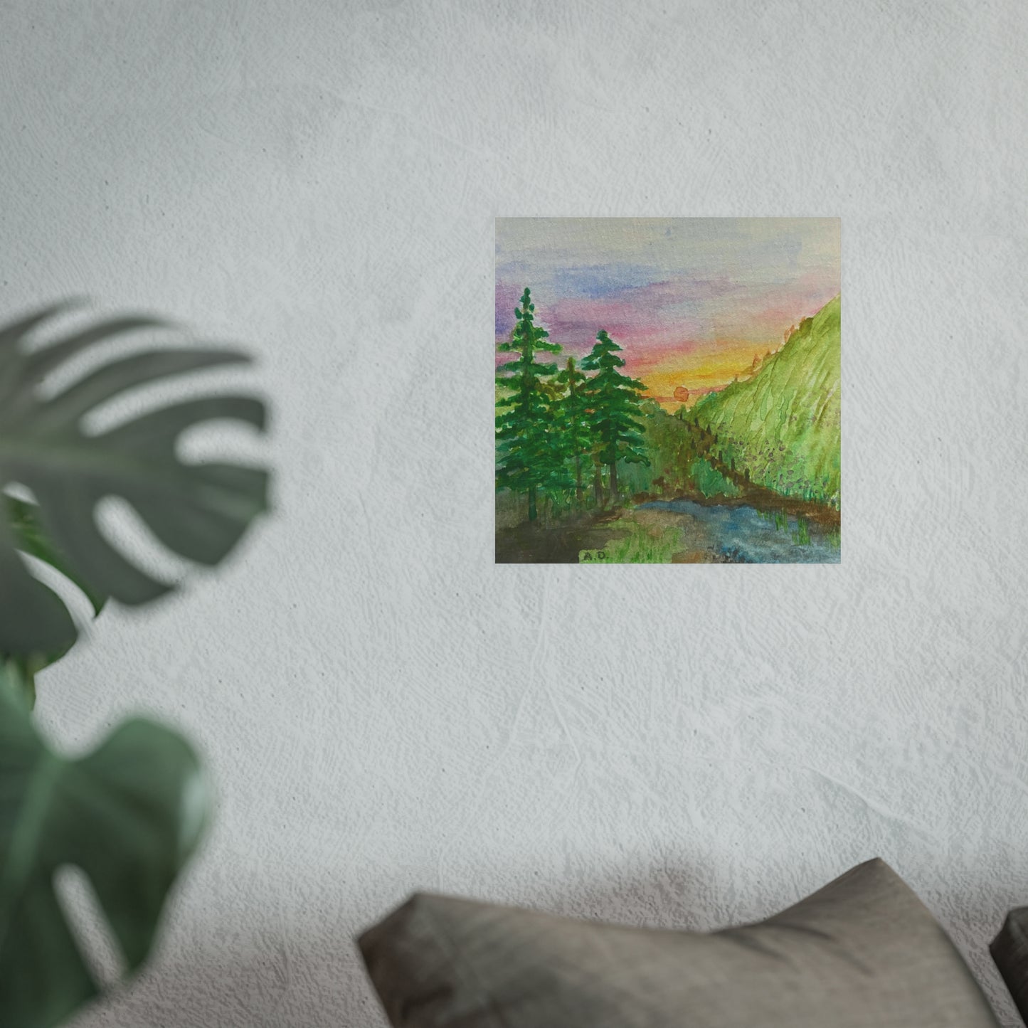 Sunset Mountain Landscape Poster | Watercolor Forest River Print